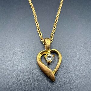 Dainty Gold Tone and Rhinestone Heart Pendant Necklace